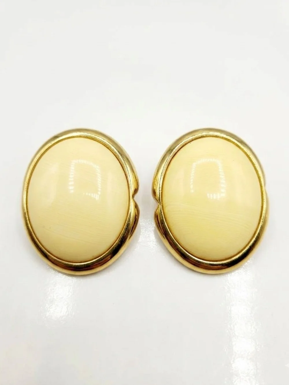Gold-Tone Cream Oval Clip Earrings